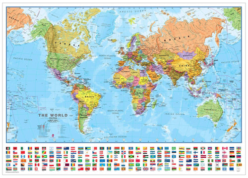 Political World Wall Map with Flags