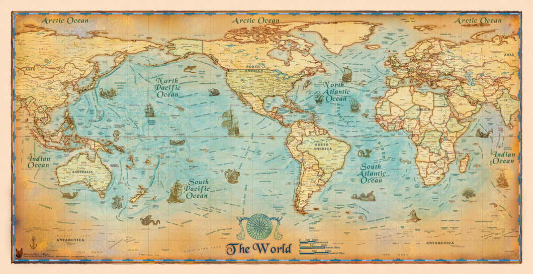 Antique World Wall Map USA Ctrd - Houston Map Company