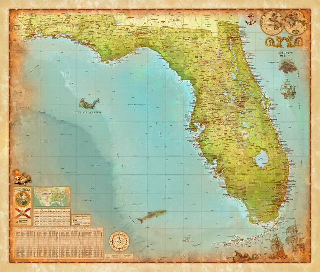 Florida Antique Wall Map - Houston Map Company