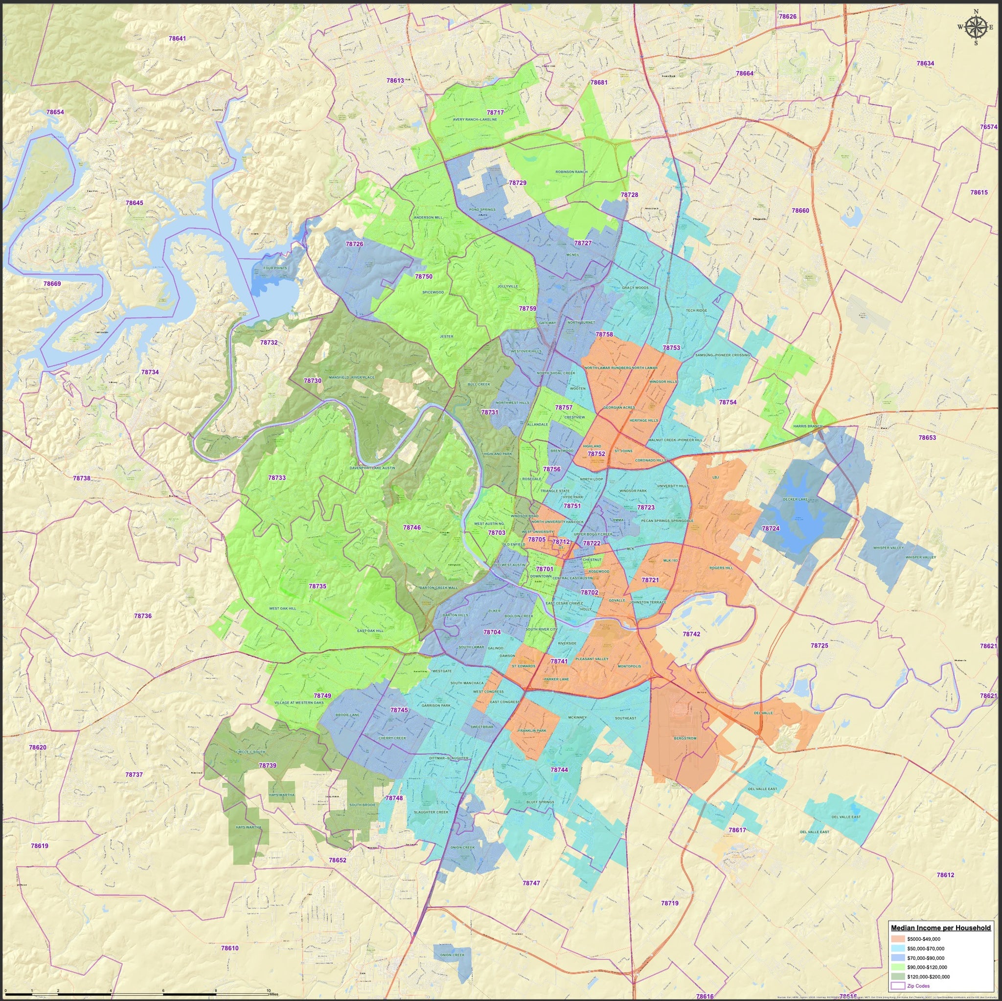 Austin Texas Income Map with Zip Codes – Houston Map Company
