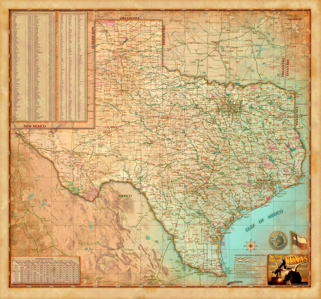 Texas Antique Wall Map - Houston Map Company