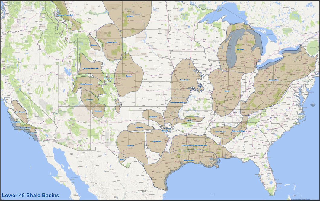 USA Shale Wall Map - Lower 48